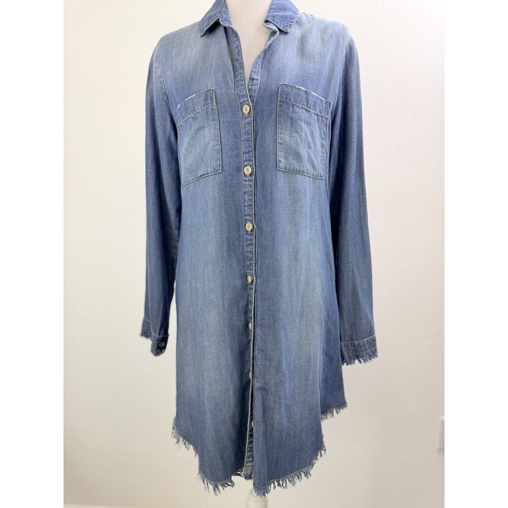 Cloth & Stone Denim Shirt Dress Womens XS Chambray Frayed Hem Button Front